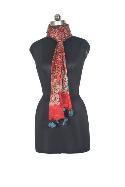 Ajrakh Mashru Silk Natural Dye Hand Block Print Stole With Tassels - 2 Mtr Length   -  SKU : AI0770AR
