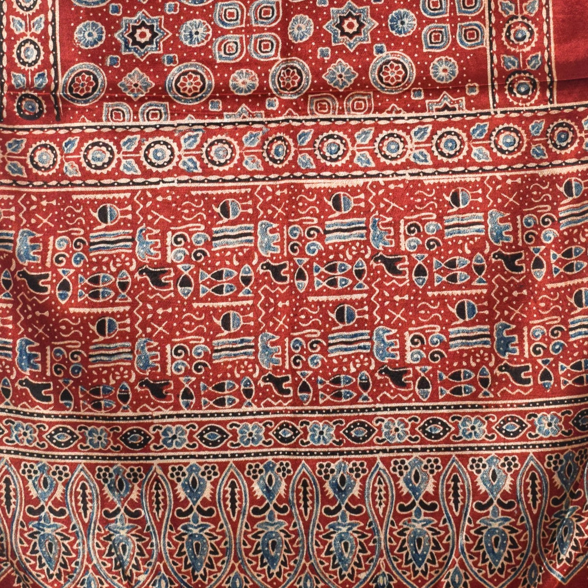 Ajrakh Mashru Silk Natural Dye Hand Block Print Stole With Tassels - 2 Mtr Length   -  SKU : AI0770AR