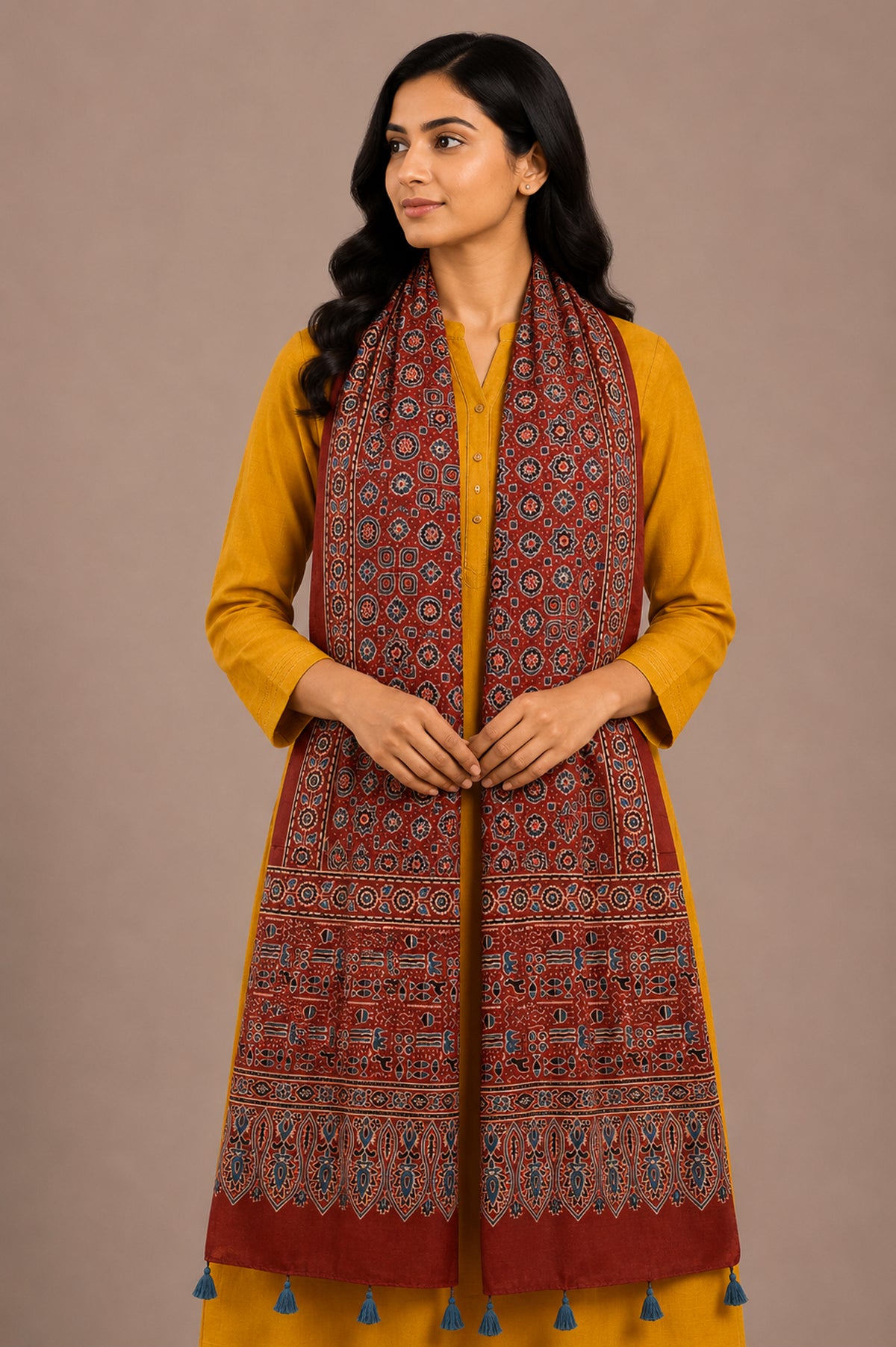 Ajrakh Mashru Silk Natural Dye Hand Block Print Stole With Tassels - 2 Mtr Length   -  SKU : AI0770AR