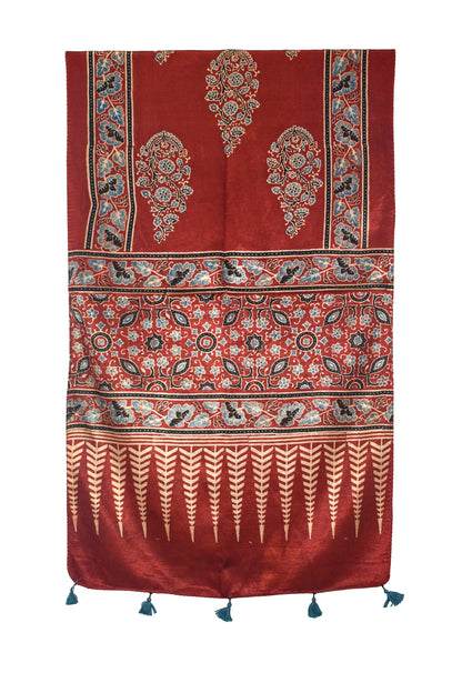 Ajrakh Mashru Silk Natural Dye Hand Block Print Stole With Tassels - 2 Mtr Length   -  SKU : AI0770AX