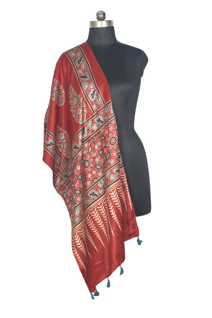 Ajrakh Mashru Silk Natural Dye Hand Block Print Stole With Tassels - 2 Mtr Length   -  SKU : AI0770AX