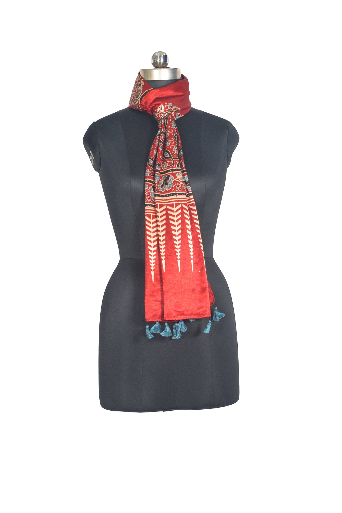 Ajrakh Mashru Silk Natural Dye Hand Block Print Stole With Tassels - 2 Mtr Length   -  SKU : AI0770AX