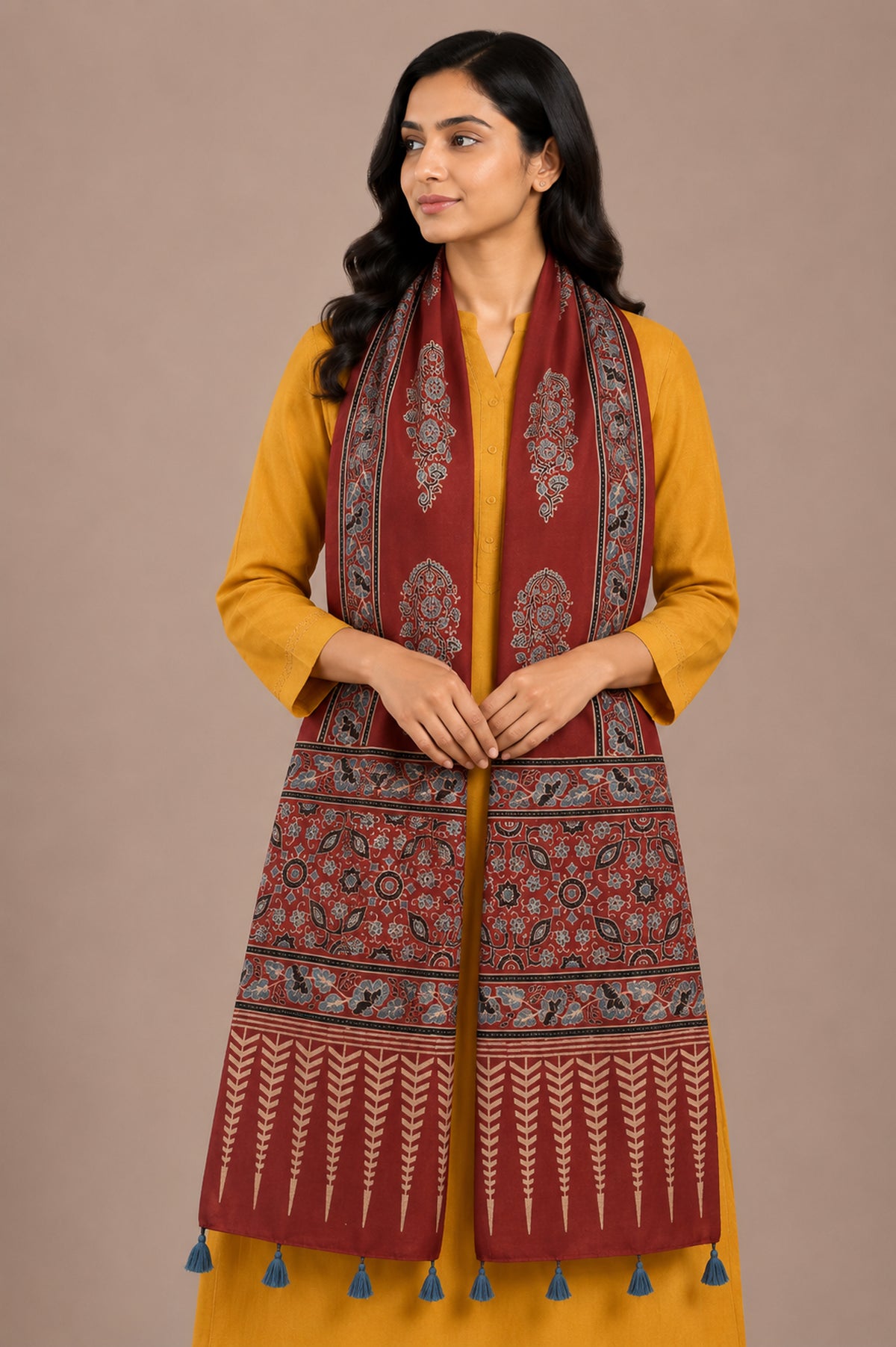 Ajrakh Mashru Silk Natural Dye Hand Block Print Stole With Tassels - 2 Mtr Length   -  SKU : AI0770AX