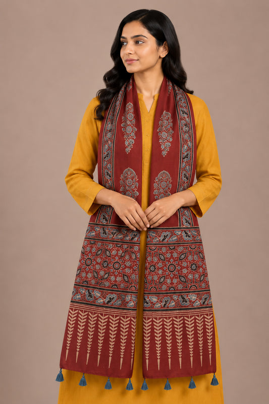Ajrakh Mashru Silk Natural Dye Hand Block Print Stole With Tassels - 2 Mtr Length   -  SKU : AI0770AX