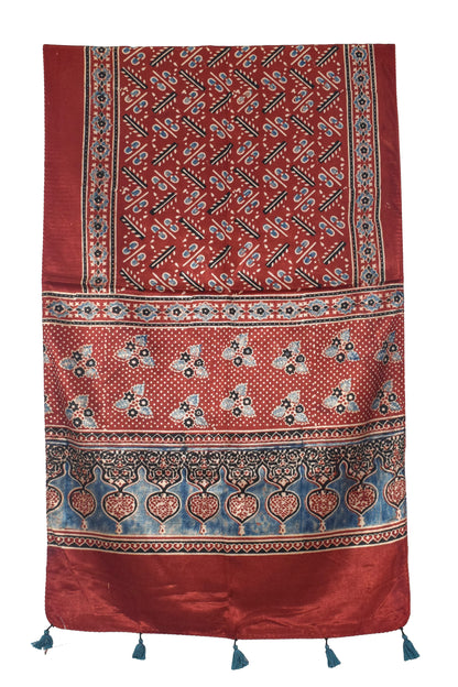 Ajrakh Mashru Silk Natural Dye Hand Block Print Stole With Tassels - 2 Mtr Length   -  SKU : AI0770BB