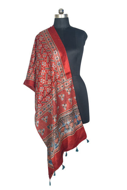 Ajrakh Mashru Silk Natural Dye Hand Block Print Stole With Tassels - 2 Mtr Length   -  SKU : AI0770BB