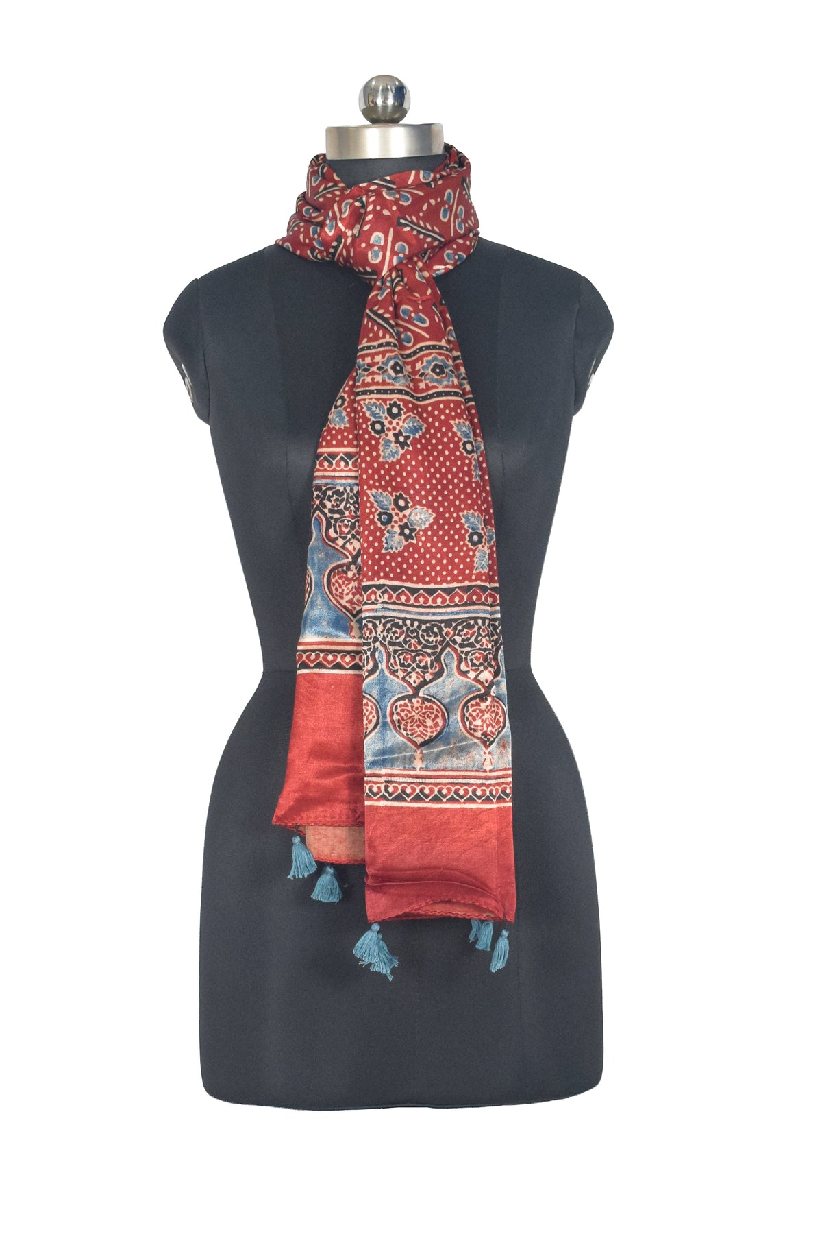 Ajrakh Mashru Silk Natural Dye Hand Block Print Stole With Tassels - 2 Mtr Length   -  SKU : AI0770BB