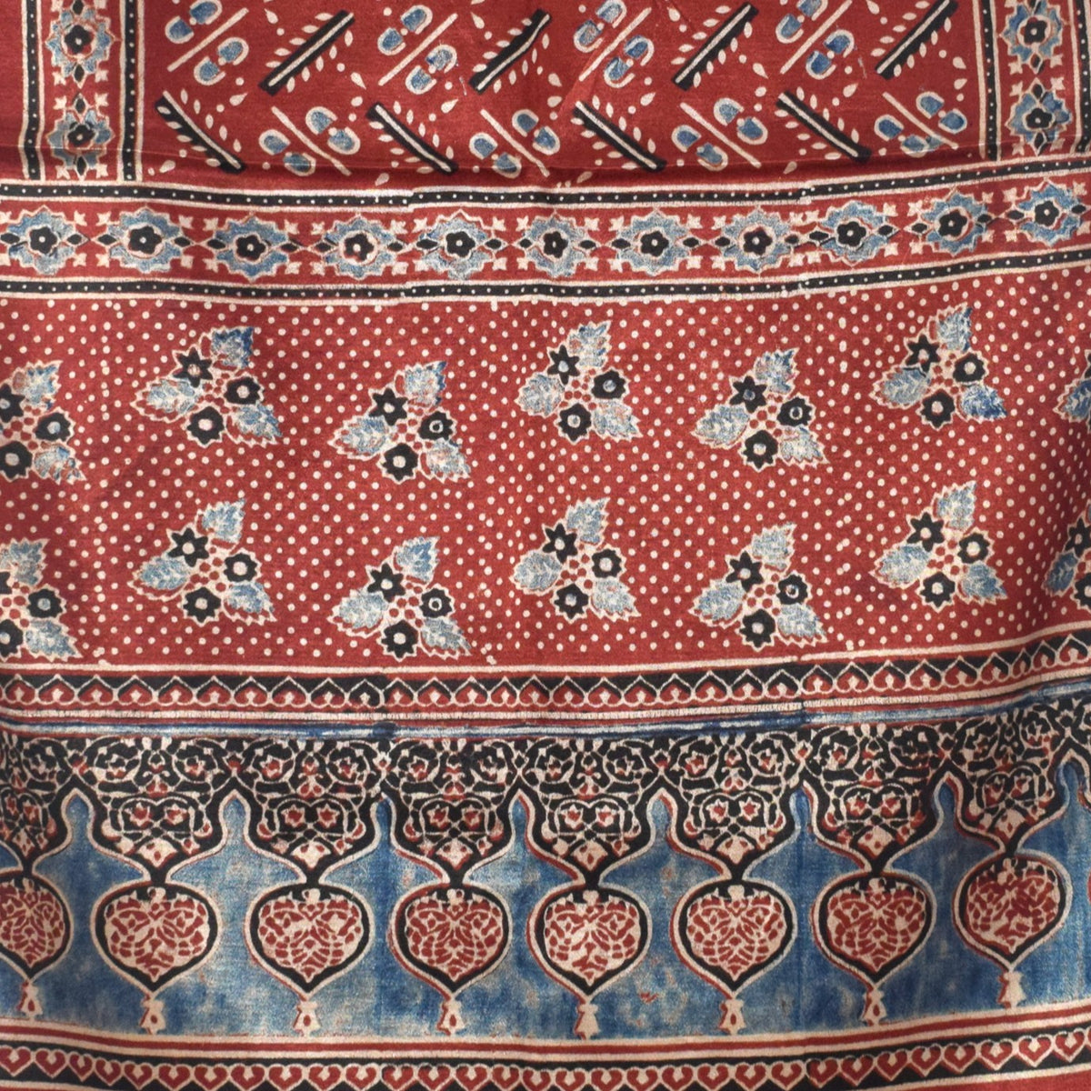 Ajrakh Mashru Silk Natural Dye Hand Block Print Stole With Tassels - 2 Mtr Length   -  SKU : AI0770BB