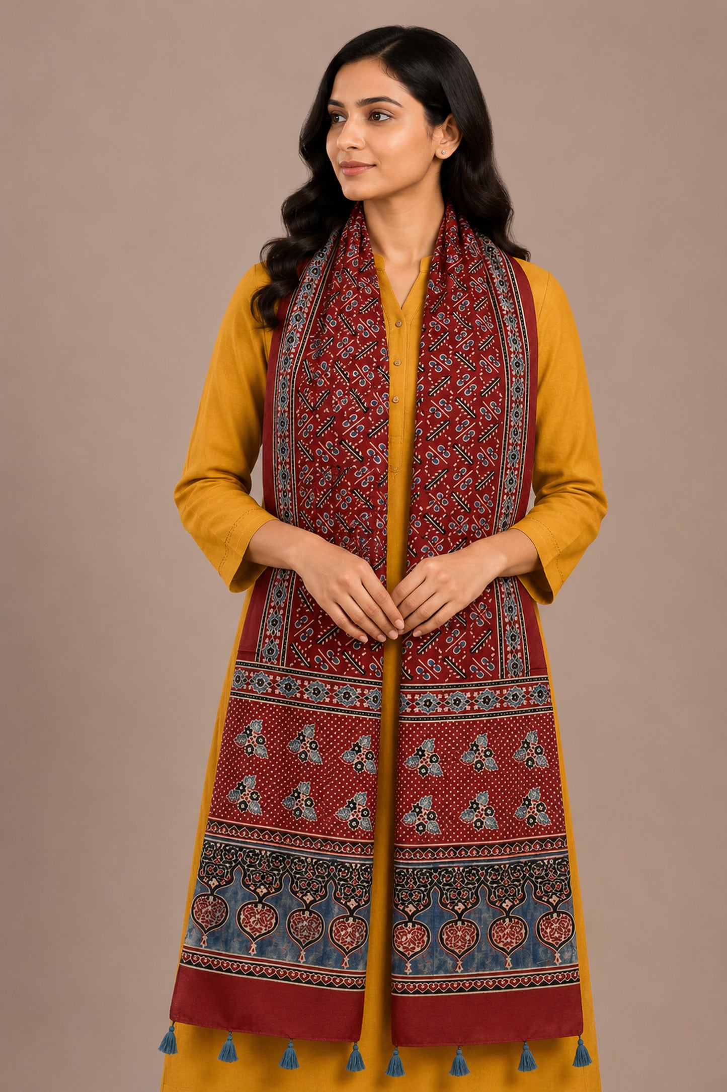 Ajrakh Mashru Silk Natural Dye Hand Block Print Stole With Tassels - 2 Mtr Length   -  SKU : AI0770BB