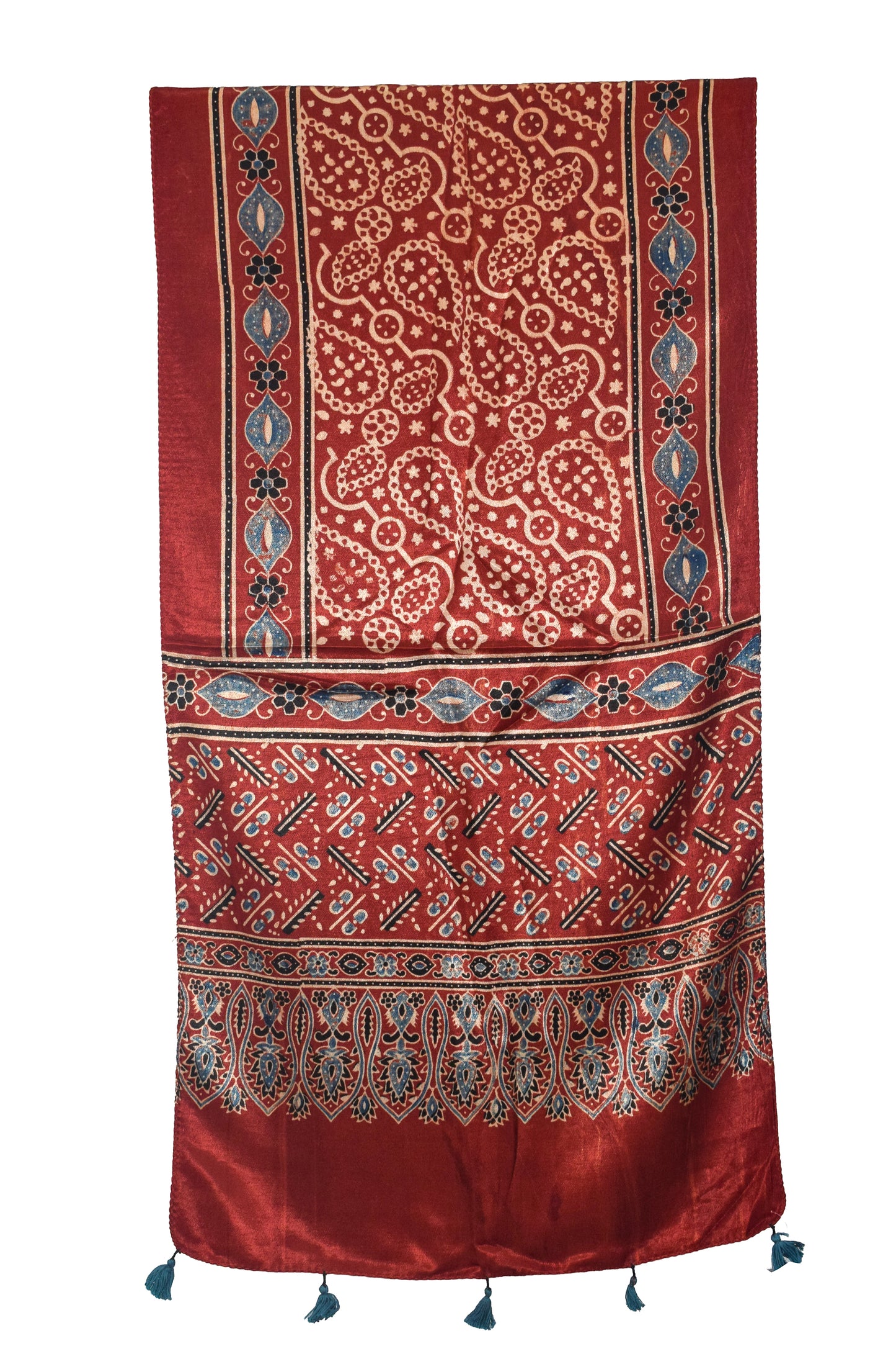Ajrakh Mashru Silk Natural Dye Hand Block Print Stole With Tassels - 2 Mtr Length   -  SKU : AI0770BH