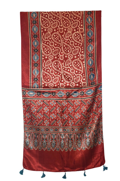 Ajrakh Mashru Silk Natural Dye Hand Block Print Stole With Tassels - 2 Mtr Length   -  SKU : AI0770BH