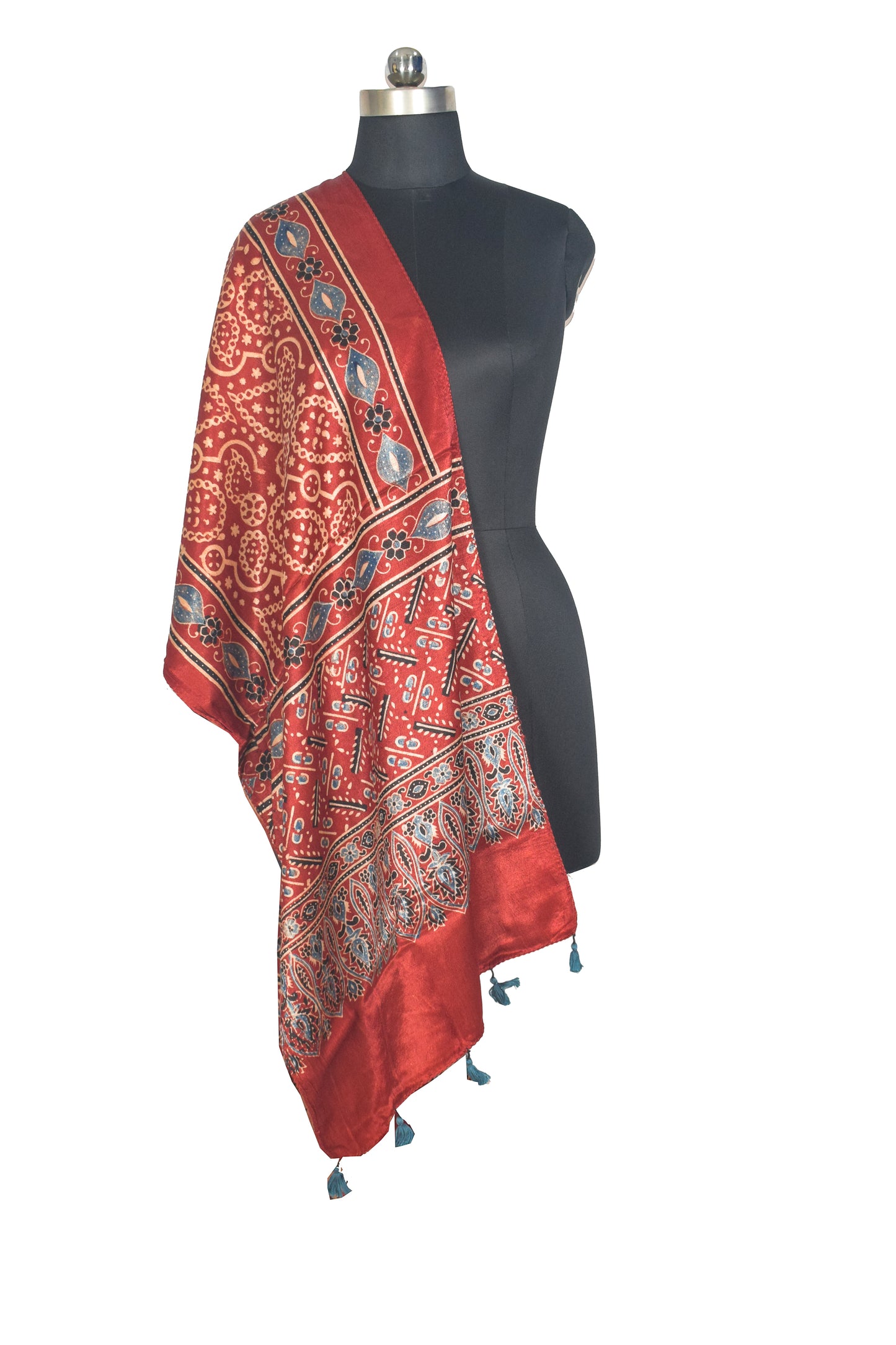 Ajrakh Mashru Silk Natural Dye Hand Block Print Stole With Tassels - 2 Mtr Length   -  SKU : AI0770BH