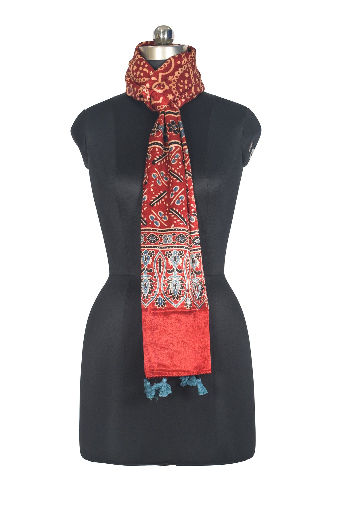 Ajrakh Mashru Silk Natural Dye Hand Block Print Stole With Tassels - 2 Mtr Length   -  SKU : AI0770BH
