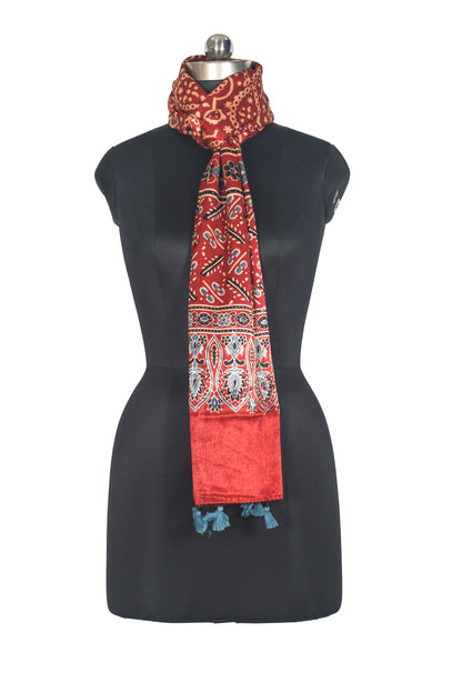Ajrakh Mashru Silk Natural Dye Hand Block Print Stole With Tassels - 2 Mtr Length   -  SKU : AI0770BH