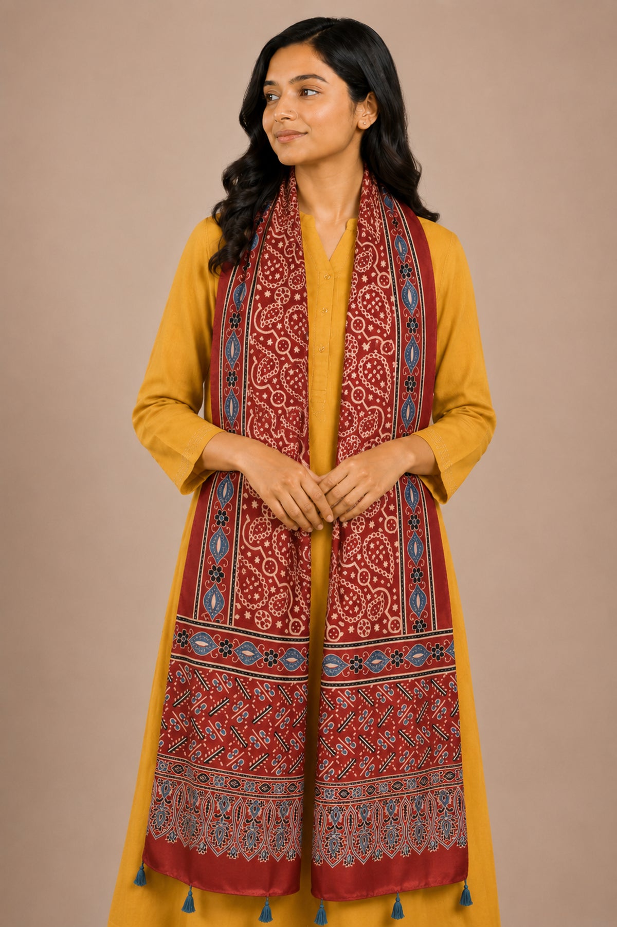 Ajrakh Mashru Silk Natural Dye Hand Block Print Stole With Tassels - 2 Mtr Length   -  SKU : AI0770BH