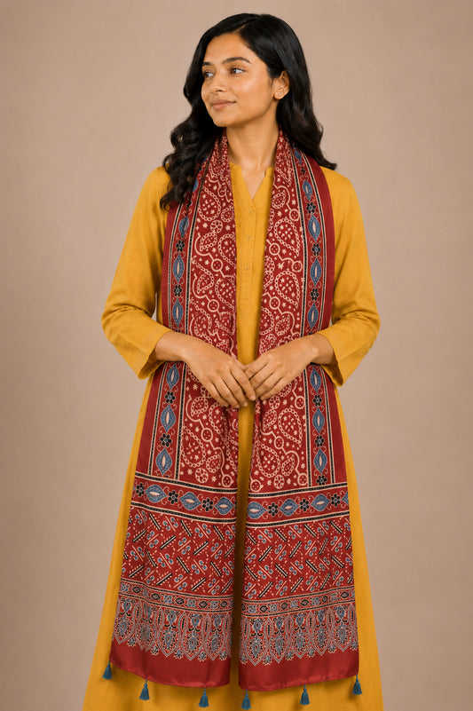 Ajrakh Mashru Silk Natural Dye Hand Block Print Stole With Tassels - 2 Mtr Length   -  SKU : AI0770BH