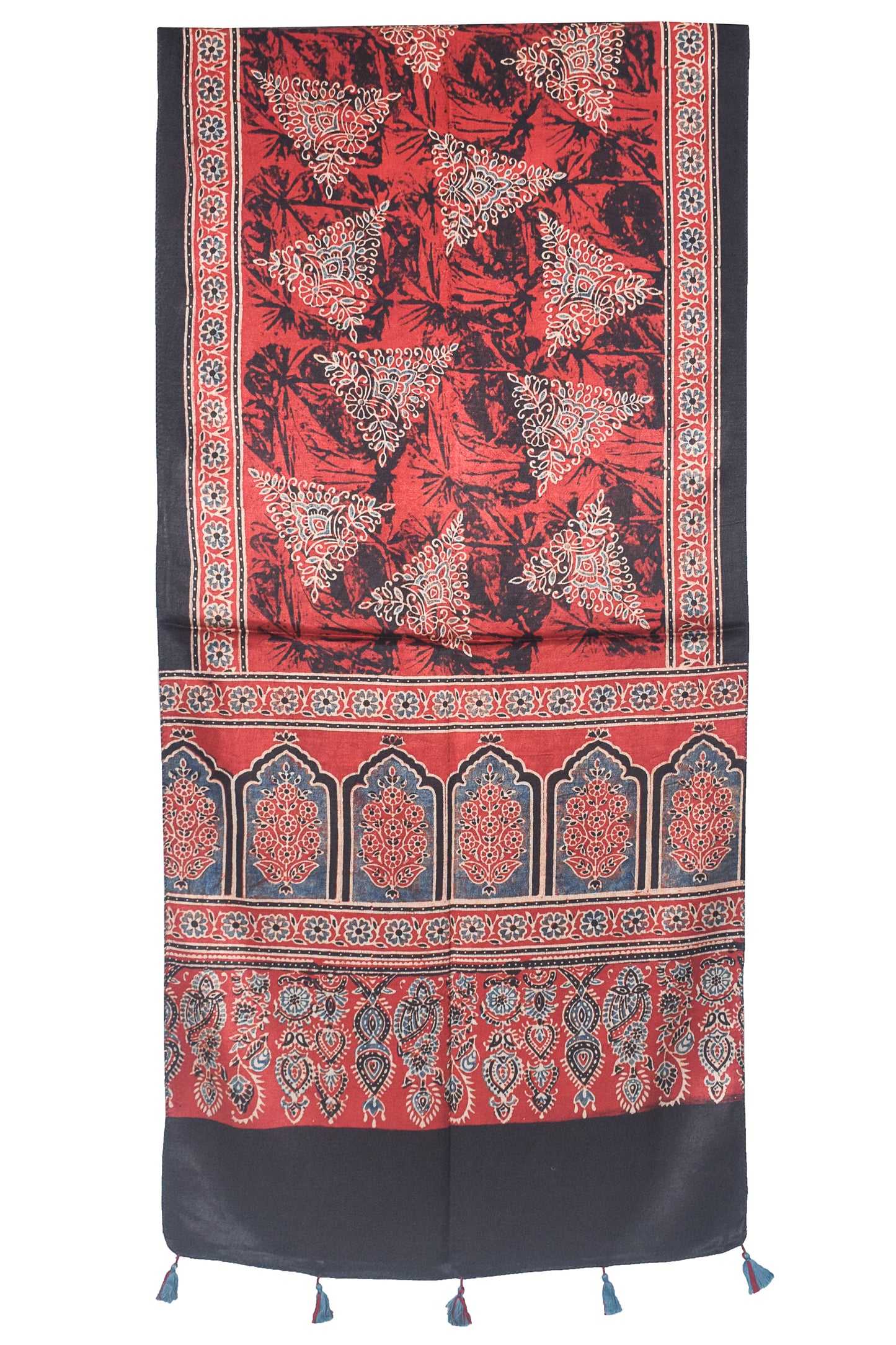 Ajrakh Mashru Silk Natural Dye Hand Block Print Stole With Tassels - 2 Mtr Length    -  SKU : AI2170BD
