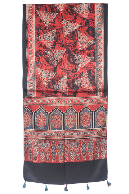 Ajrakh Mashru Silk Natural Dye Hand Block Print Stole With Tassels - 2 Mtr Length    -  SKU : AI2170BD