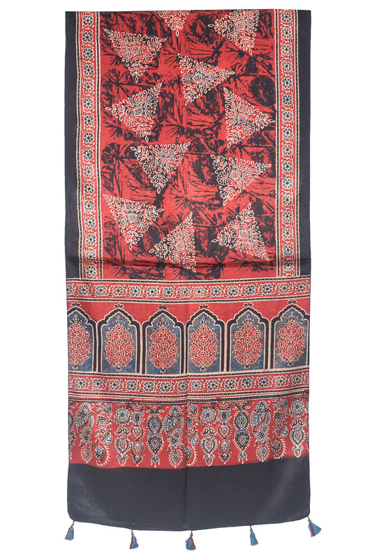 Ajrakh Mashru Silk Natural Dye Hand Block Print Stole With Tassels - 2 Mtr Length    -  SKU : AI2170BD