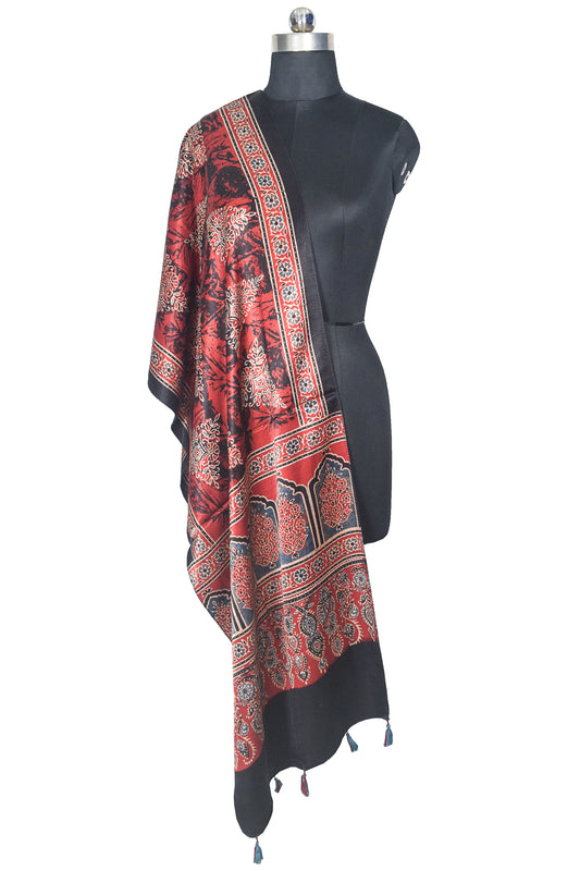 Ajrakh Mashru Silk Natural Dye Hand Block Print Stole With Tassels - 2 Mtr Length    -  SKU : AI2170BD