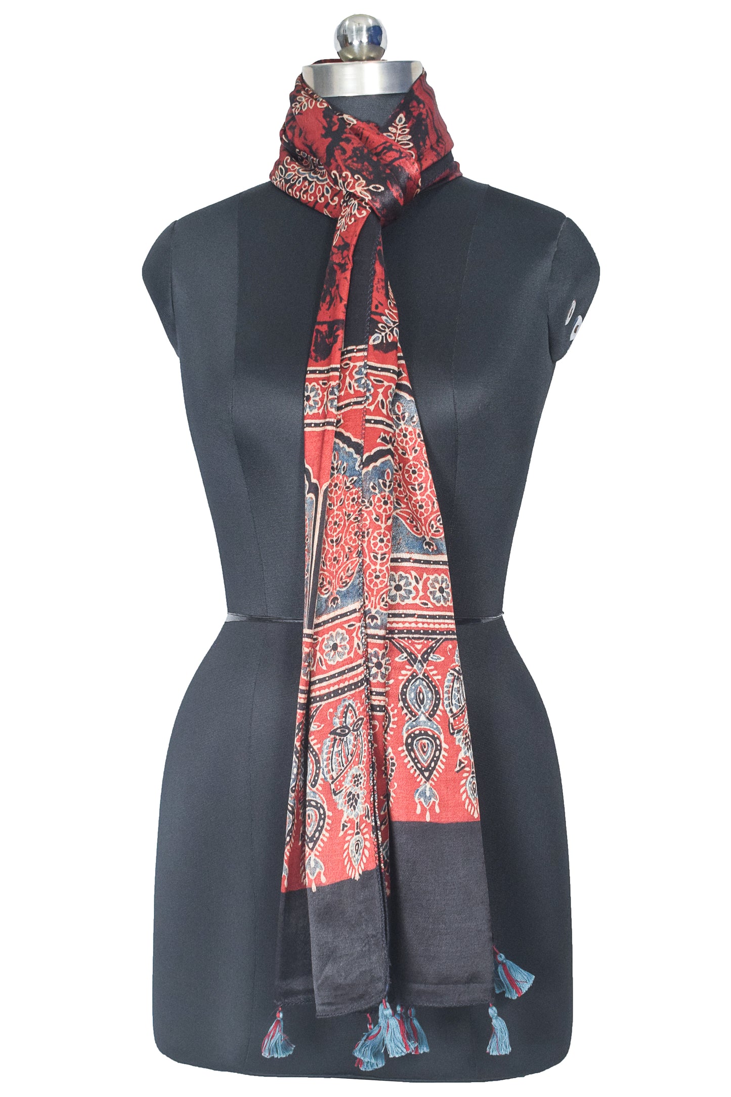 Ajrakh Mashru Silk Natural Dye Hand Block Print Stole With Tassels - 2 Mtr Length    -  SKU : AI2170BD