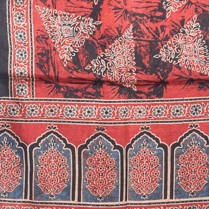 Ajrakh Mashru Silk Natural Dye Hand Block Print Stole With Tassels - 2 Mtr Length    -  SKU : AI2170BD