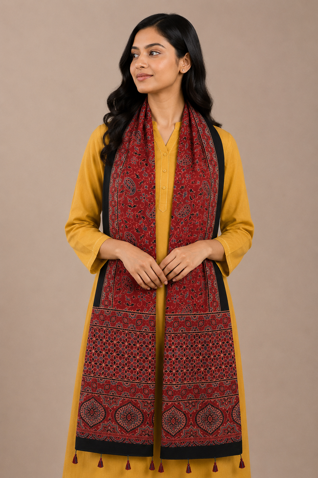 Ajrakh Mashru Silk Natural Dye Hand Block Print Stole With Tassels - 2 Mtr Length    -  SKU : MS10B01G