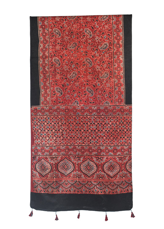 Ajrakh Mashru Silk Natural Dye Hand Block Print Stole With Tassels - 2 Mtr Length - SKU : MS10B01G