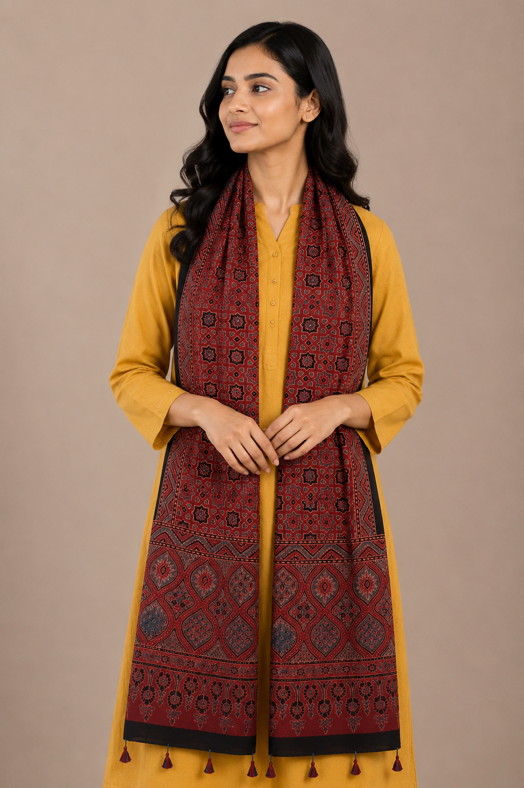 Ajrakh Mashru Silk Natural Dye Hand Block Print Stole With Tassels - 2 Mtr Length    -  SKU : MS10B01H