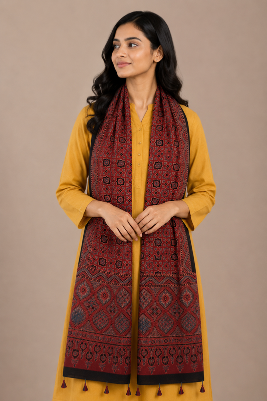 Ajrakh Mashru Silk Natural Dye Hand Block Print Stole With Tassels - 2 Mtr Length    -  SKU : MS10B01H