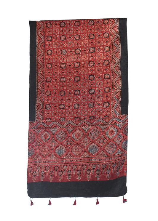 Ajrakh Mashru Silk Natural Dye Hand Block Print Stole With Tassels - 2 Mtr Length - SKU : MS10B01H