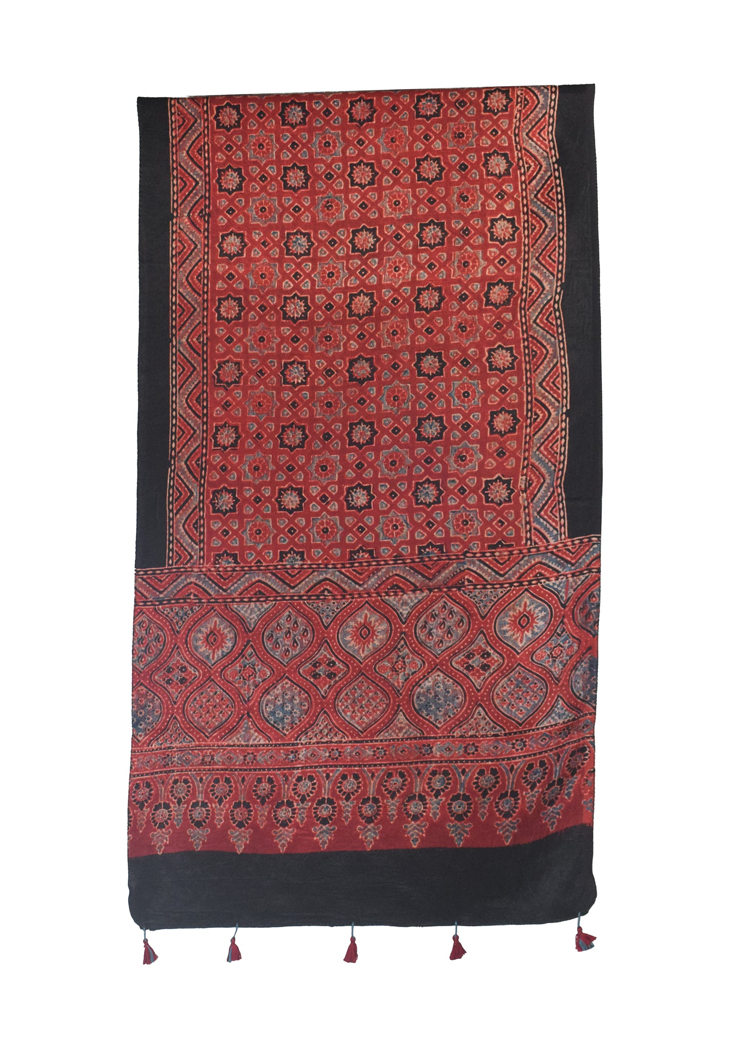 Ajrakh Mashru Silk Natural Dye Hand Block Print Stole With Tassels - 2 Mtr Length    -  SKU : MS10B01H