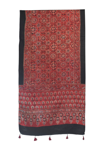 Ajrakh Mashru Silk Natural Dye Hand Block Print Stole With Tassels - 2 Mtr Length    -  SKU : MS10B01I