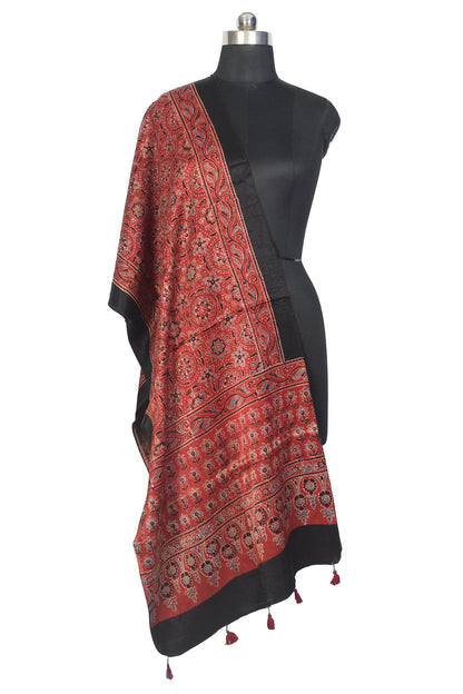 Ajrakh Mashru Silk Natural Dye Hand Block Print Stole With Tassels - 2 Mtr Length    -  SKU : MS10B01I