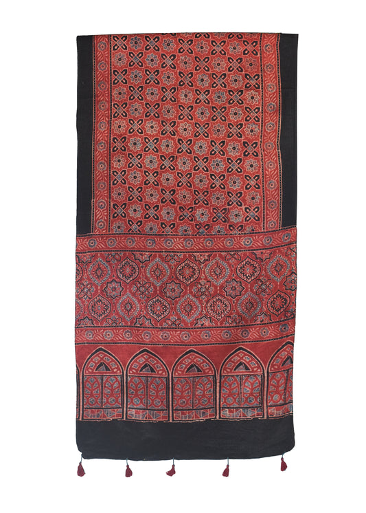 Ajrakh Mashru Silk Natural Dye Hand Block Print Stole With Tassels - 2 Mtr Length    -  SKU : MS10B01J