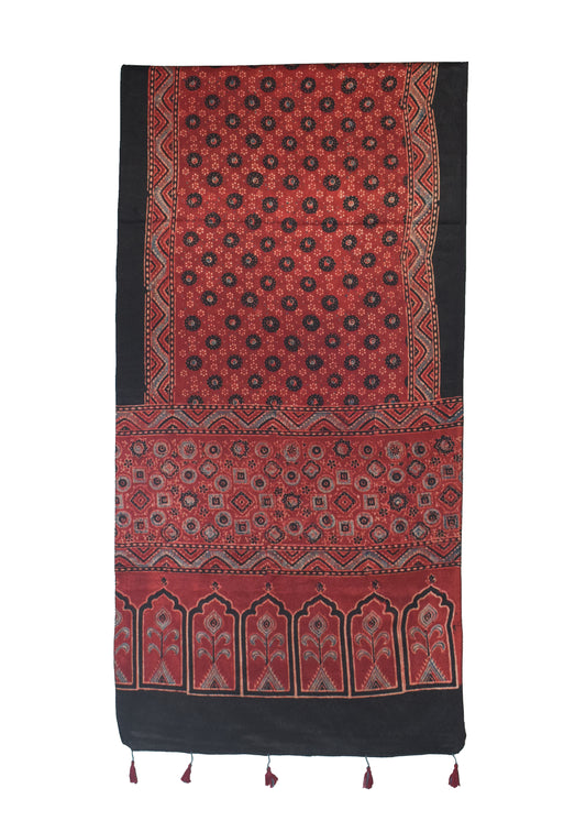 Ajrakh Mashru Silk Natural Dye Hand Block Print Stole With Tassels - 2 Mtr Length    -  SKU : MS10B01K