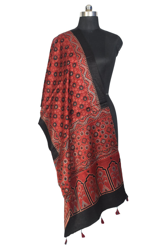 Ajrakh Mashru Silk Natural Dye Hand Block Print Stole With Tassels - 2 Mtr Length - SKU : MS10B01K
