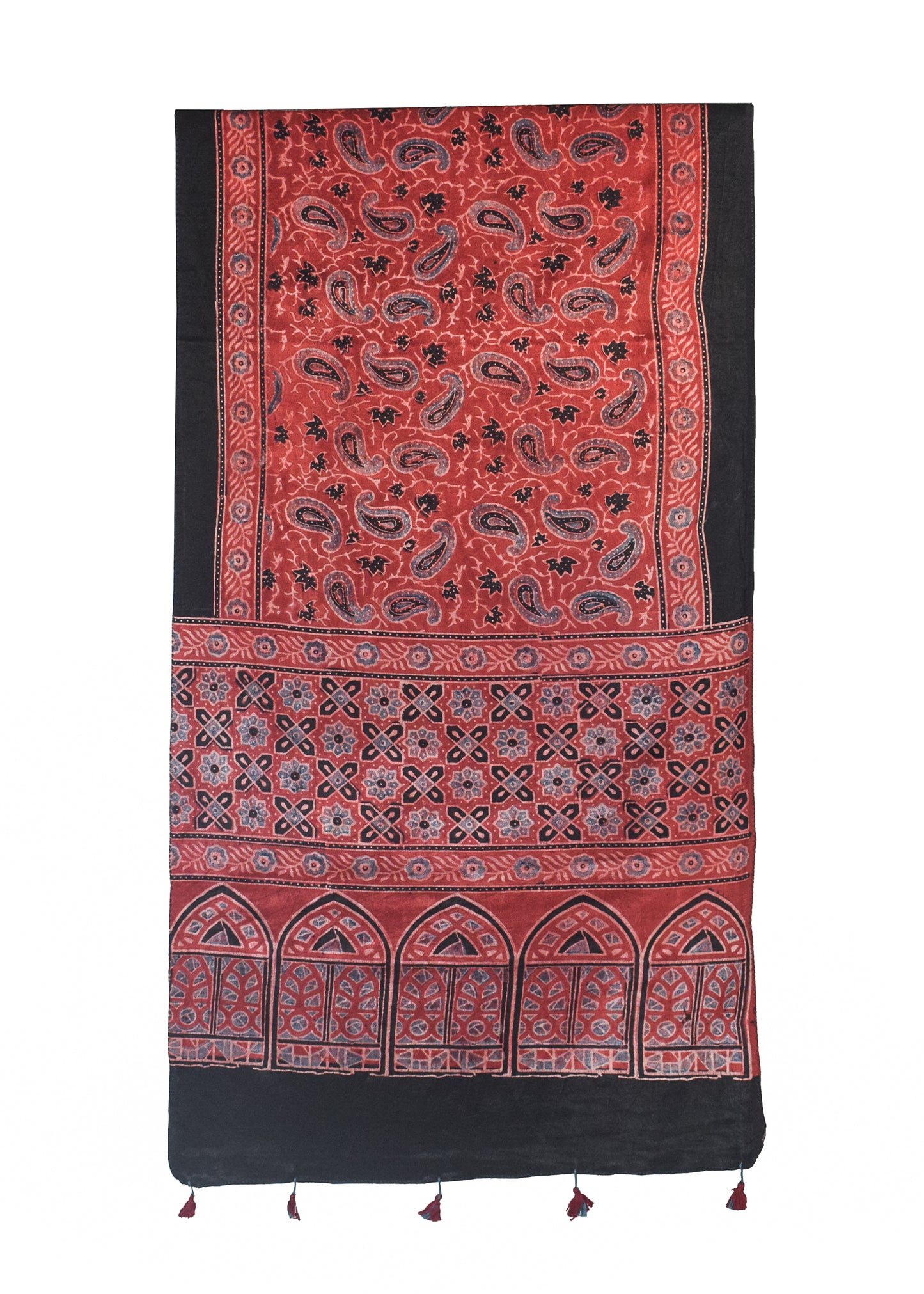 Ajrakh Mashru Silk Natural Dye Hand Block Print Stole With Tassels - 2 Mtr Length    -  SKU : MS10B01L