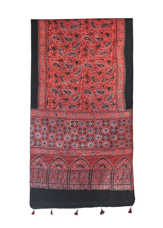 Ajrakh Mashru Silk Natural Dye Hand Block Print Stole With Tassels - 2 Mtr Length    -  SKU : MS10B01L