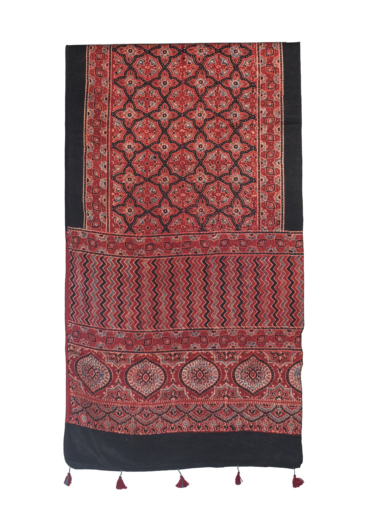 Ajrakh Mashru Silk Natural Dye Hand Block Print Stole With Tassels - 2 Mtr Length    -  SKU : MS10B01M