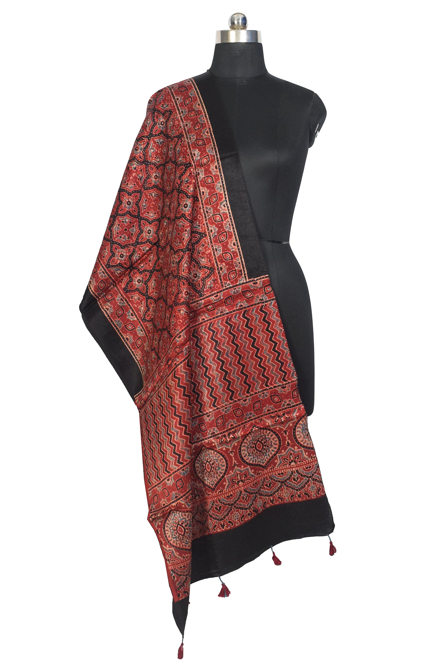 Ajrakh Mashru Silk Natural Dye Hand Block Print Stole With Tassels - 2 Mtr Length    -  SKU : MS10B01M