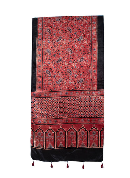 Ajrakh Mashru Silk Natural Dye Hand Block Print Stole With Tassels     -  SKU : MS20602F