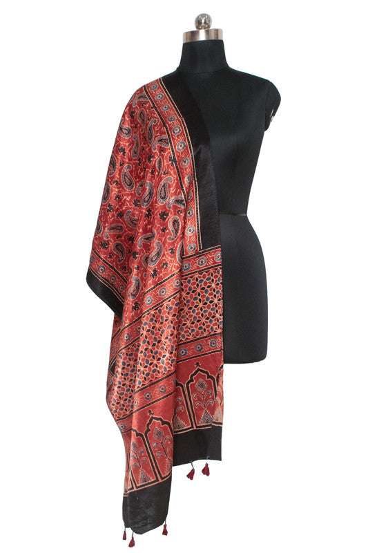 Ajrakh Mashru Silk Natural Dye Hand Block Print Stole With Tassels     -  SKU : MS20602F