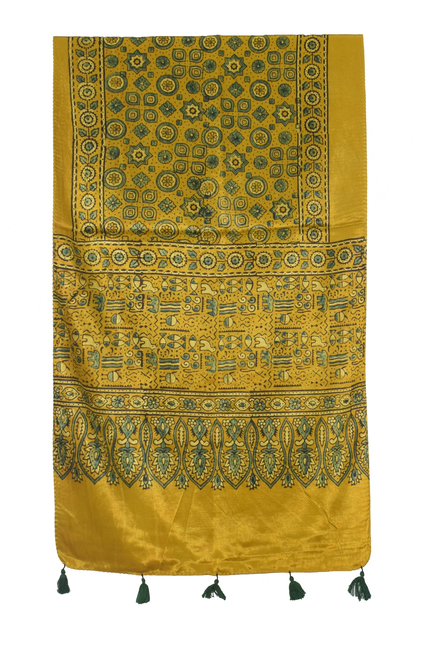 Ajrakh Mashru Silk Natural Dye Hand Block Print Stole With Tassels - 2 Mtr Length   -  SKU : AI07701E
