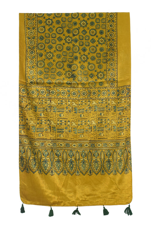 Ajrakh Mashru Silk Natural Dye Hand Block Print Stole With Tassels - 2 Mtr Length   -  SKU : AI07701E