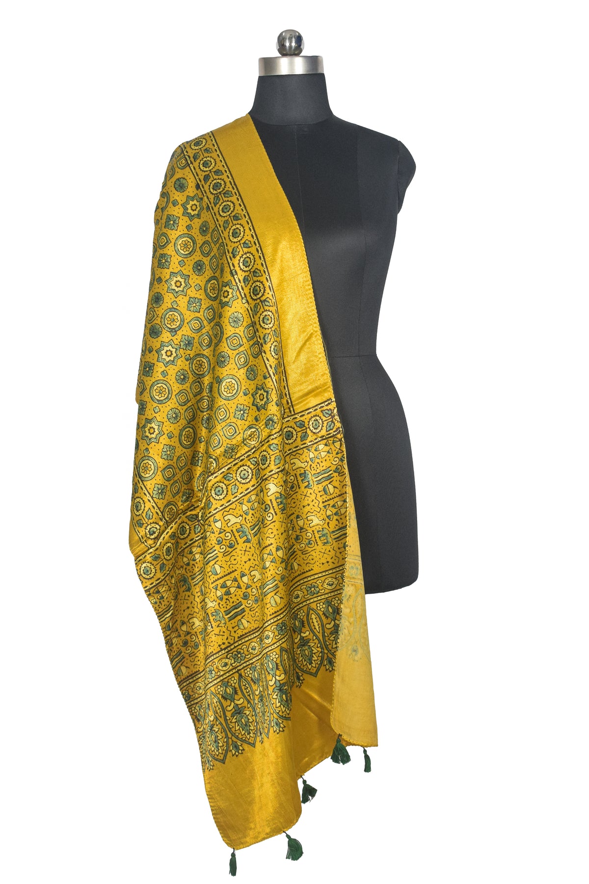 Ajrakh Mashru Silk Natural Dye Hand Block Print Stole With Tassels - 2 Mtr Length   -  SKU : AI07701E