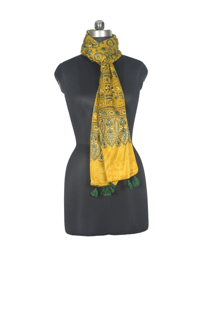 Ajrakh Mashru Silk Natural Dye Hand Block Print Stole With Tassels - 2 Mtr Length   -  SKU : AI07701E
