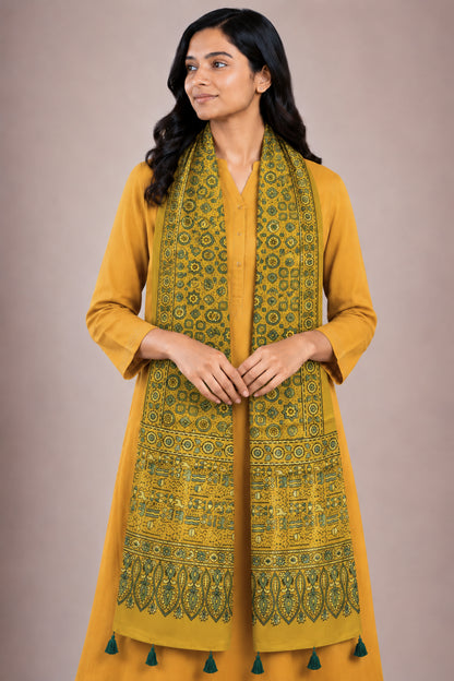 Ajrakh Mashru Silk Natural Dye Hand Block Print Stole With Tassels - 2 Mtr Length   -  SKU : AI07701E