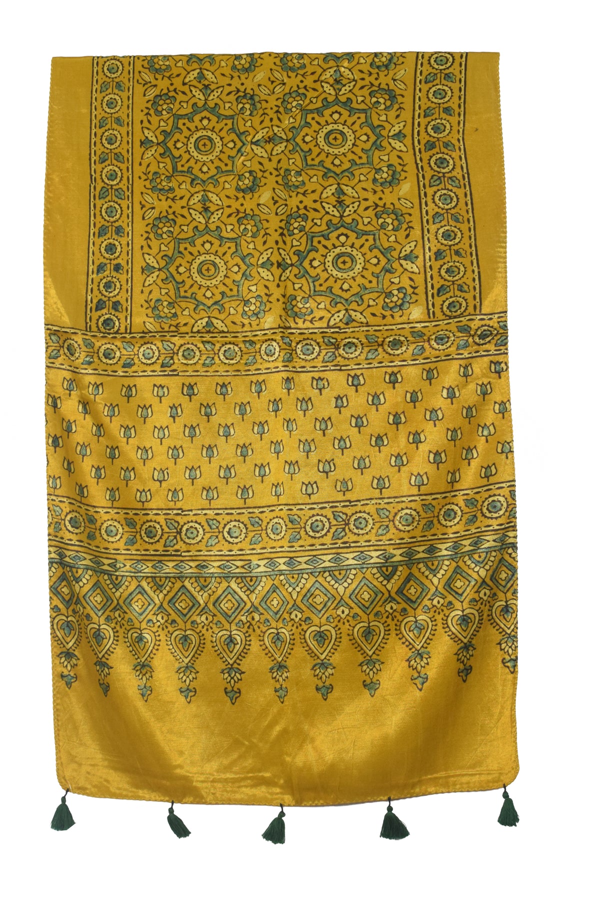Ajrakh Mashru Silk Natural Dye Hand Block Print Stole With Tassels - 2 Mtr Length   -  SKU : AI07701K