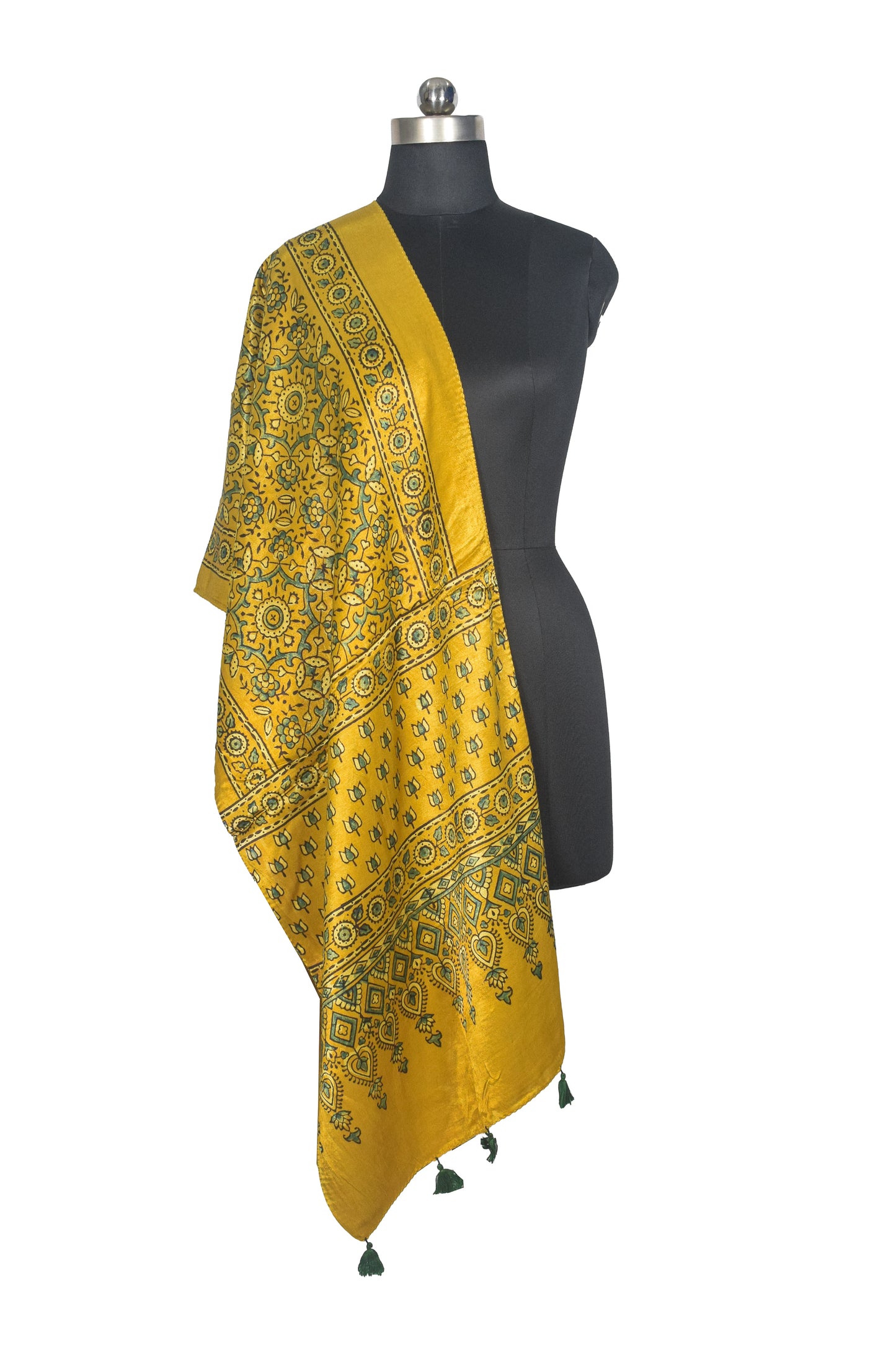 Ajrakh Mashru Silk Natural Dye Hand Block Print Stole With Tassels - 2 Mtr Length   -  SKU : AI07701K
